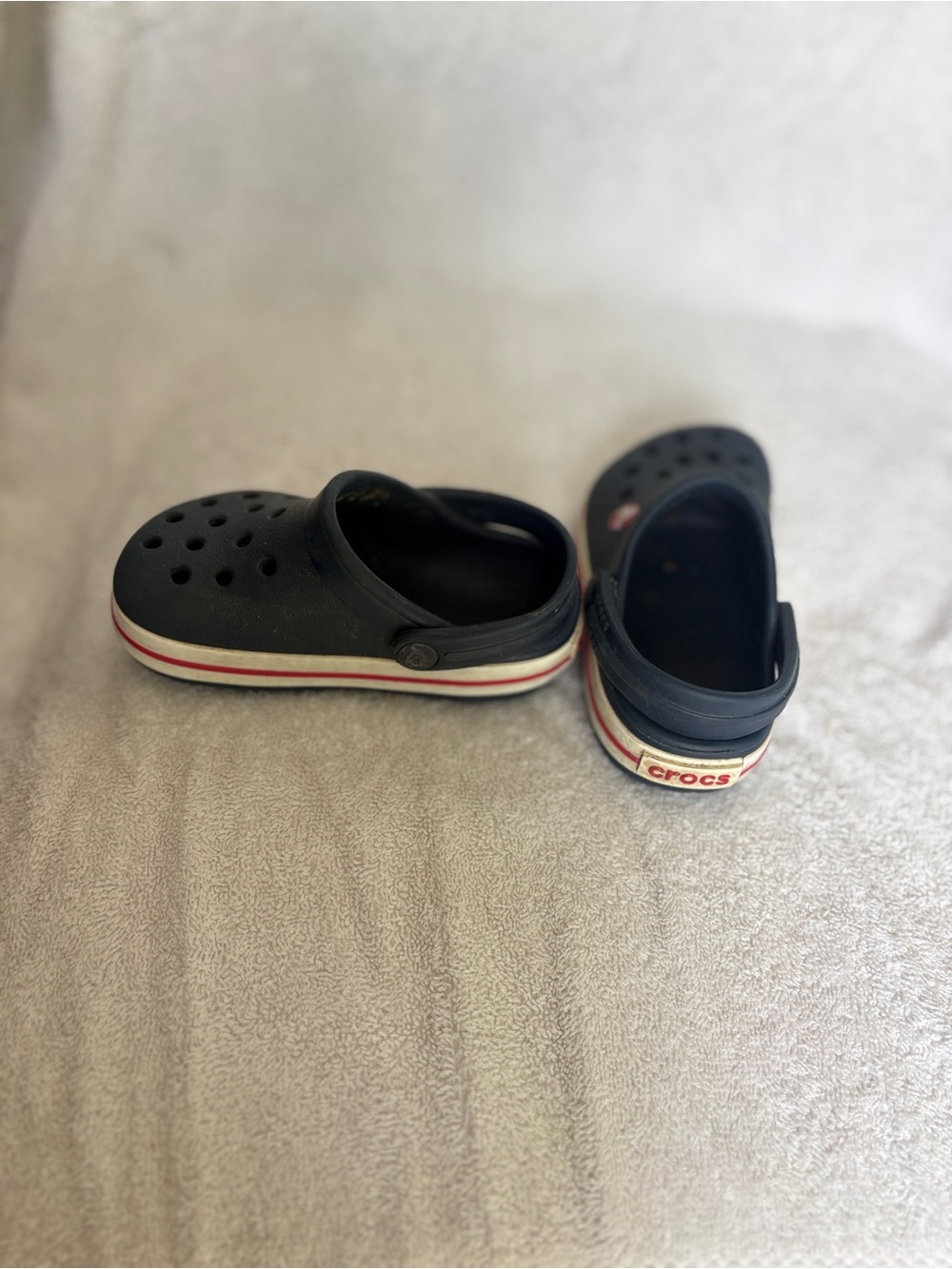 CROCS Kids Navy Clogs with Red and White Stripe